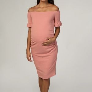 PinkBlush Mauve Ribbed Ruffle Sleeve Off Shoulder Fitted Maternity Small